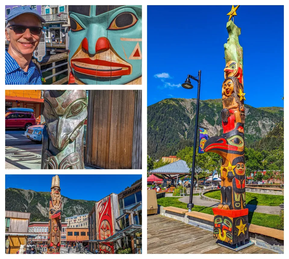 Collage showing different brightly painted totem poles