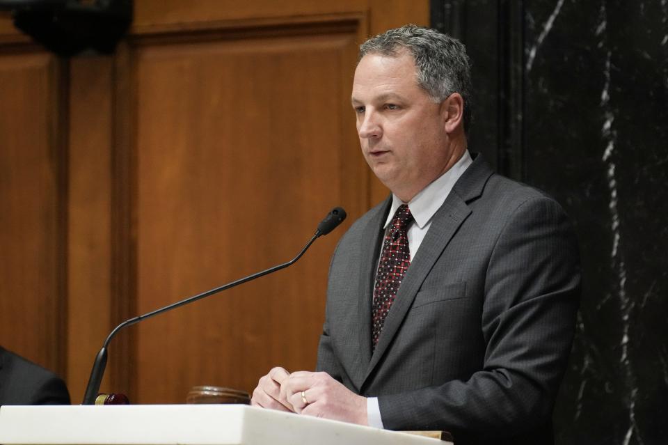 Indiana House Speaker Todd Huston speaks to representatives Monday, Jan. 9, 2023, on the first day of legislative session at the Indiana Statehouse in Indianapolis.