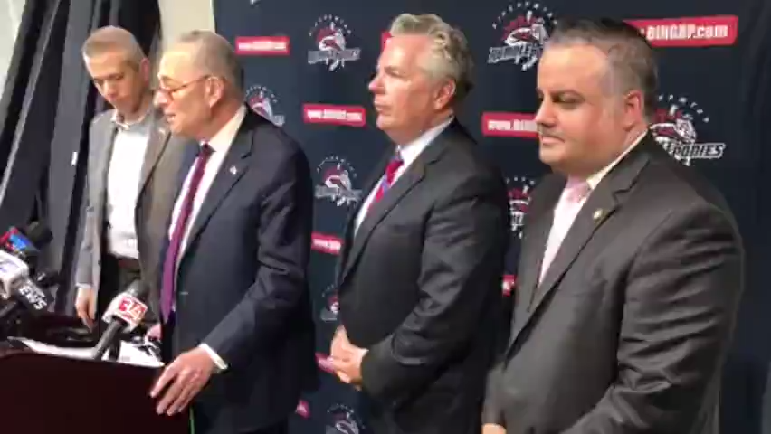 Senator Charles Schumer speaks following a February 2020 tour of NYSEG Stadium with baseball officials. Richard David, former Binghamton Mayer, is far right.
(Photo: Kevin Stevens)