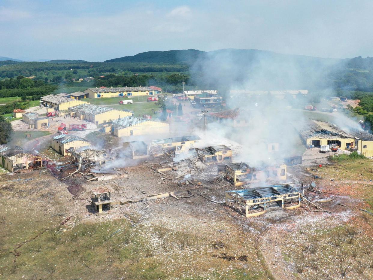 A drone photo shows smoke rising after an explosion at a firework factory in Hendek district of Sakarya, Turkey on 3 July, 2020: Muhammed Enes Yildirim/Anadolu Agency via Getty Images