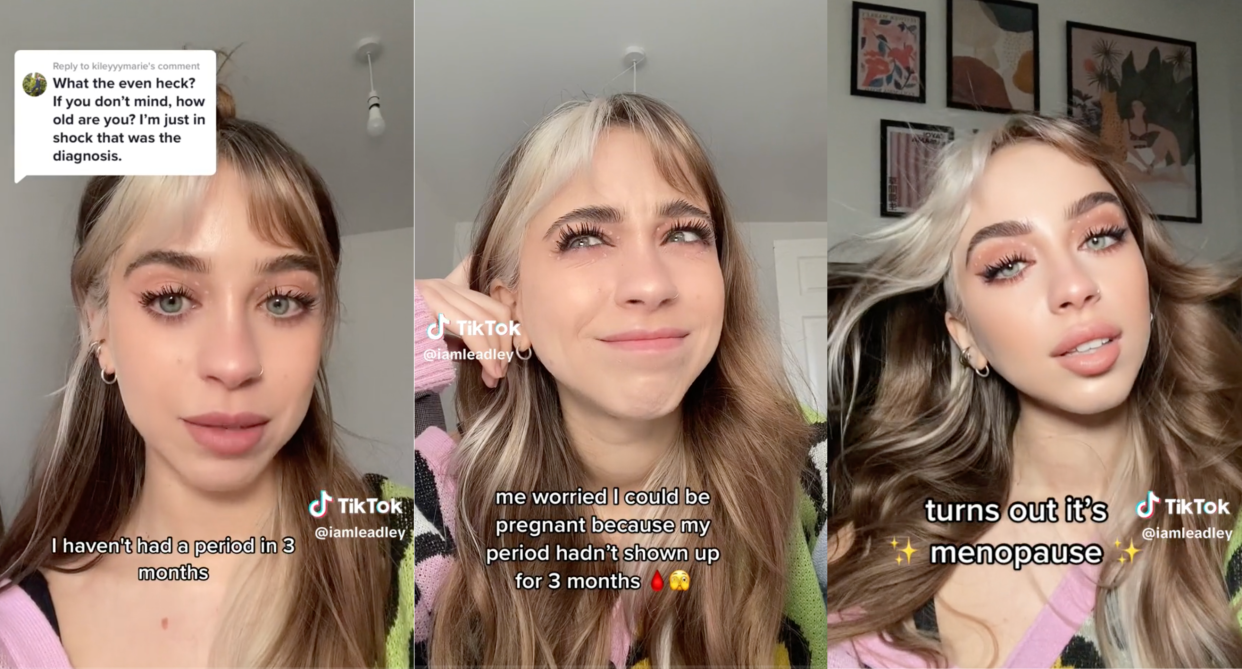 split screen of 27-year-old TikToker Leadley telling followers she's going through menopause, primary ovarian insufficiency, POI