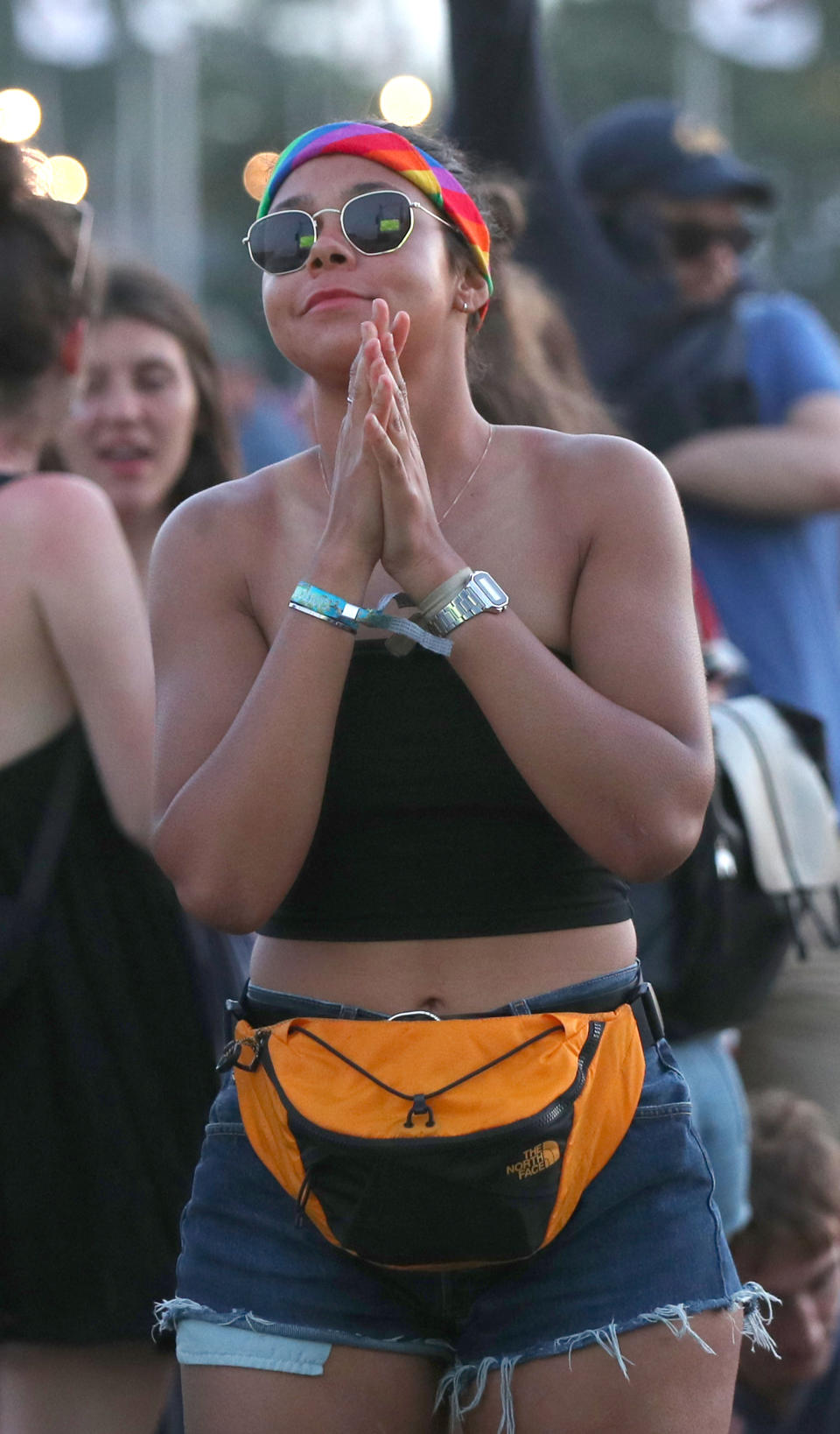 Festival goers watch the England World Cup match on a big screen at the Glastonbury Festival at Worthy Farm, Pilton, Somerset.