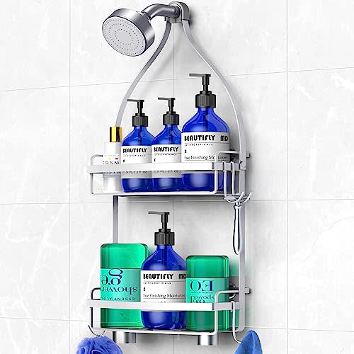 Meangood Shower Caddy Over Shower Head, Anti-Swing Hanging Shower Caddy with 4 Remove Hooks for Razor, Sponge, Towels Rustproof Shower Organizer for Bathroom, Silver (AMAZON)