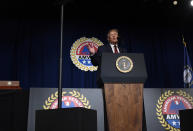 President Donald Trump speaks at the American Veterans (AMVETS) 75th National Convention in Louisville, Ky., Wednesday, Aug. 21, 2019. (AP Photo/Susan Walsh)
