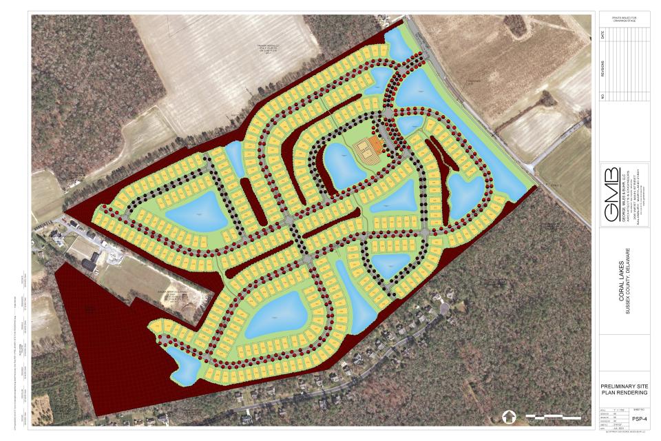 The preliminary site plan for Schell Brothers' Coral Lakes development on Robinsonville Road in Lewes, which the Sussex County Planning and Zoning Commission denied March 10.