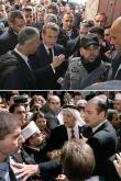 Emmanuel Macron mercredi et, en bas, Jacques Chirac en 1996.