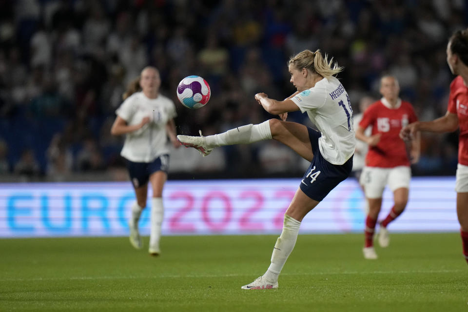 FILE - Norway's Ada Hegerberg takes a shot during the Women Euro 2022 group A soccer match between Austria and Norway at Brighton & Hove Community Stadium in Brighton, England, Friday, July 15, 2022. (AP Photo/Alessandra Tarantino, File)