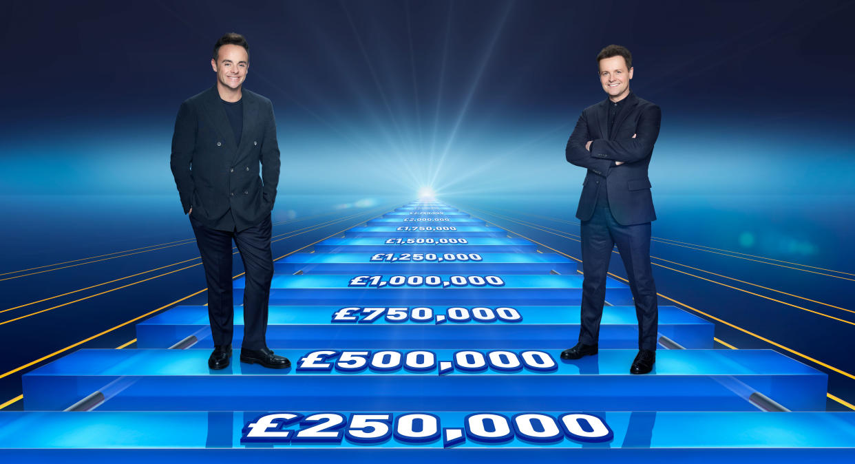 From Hello Dolly and Mitre Studios

Ant & DecÕs Limitless Win on ITV and ITV Hub

Pictured: Ant & Dec.

This photograph is (C) ITV Plc and can only be reproduced for editorial purposes directly in connection with the programme or event mentioned above, or ITV plc. Once made available by ITV plc Picture Desk, this photograph can be reproduced once only up until the transmission [TX] date and no reproduction fee will be charged. Any subsequent usage may incur a fee. This photograph must not be manipulated [excluding basic cropping] in a manner which alters the visual appearance of the person photographed deemed detrimental or inappropriate by ITV plc Picture Desk.  This photograph must not be syndicated to any other company, publication or website, or permanently archived, without the express written permission of ITV Picture Desk. Full Terms and conditions are available on the website www.itv.com/presscentre/itvpictures/terms

For further information please contact:
james.hilder@itv.com / 0207 157 3052