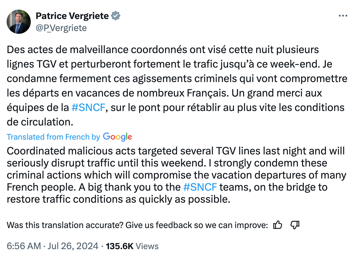 France's transport minister condemned the attacks. (Twitter/Patrice Vergriete)