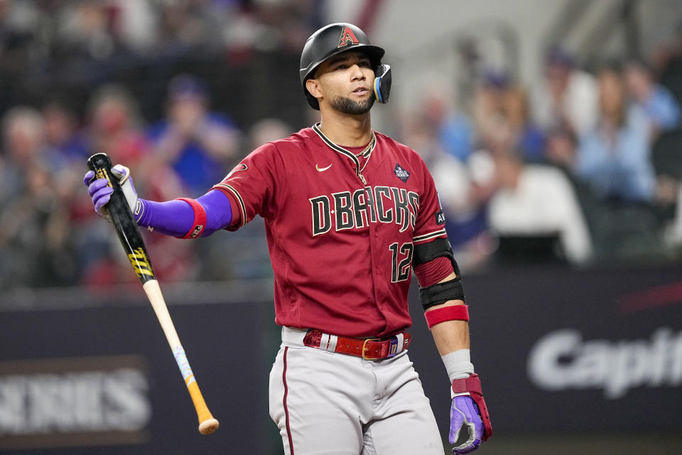 Arizona Diamondbacks' Lourdes Gurriel Jr. reacts after striking out against the Texas Rangers during the 11th inning in Game 1 of the baseball World Series Friday, Oct. 27, 2023, in Arlington, Texas. (AP Photo/Brynn Anderson)
