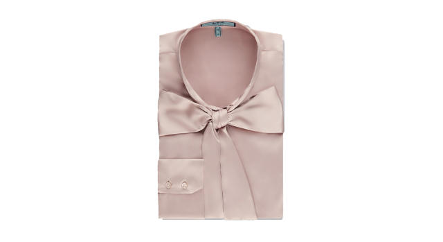 Women's Taupe Fitted Satin Blouse - Pussy Bow