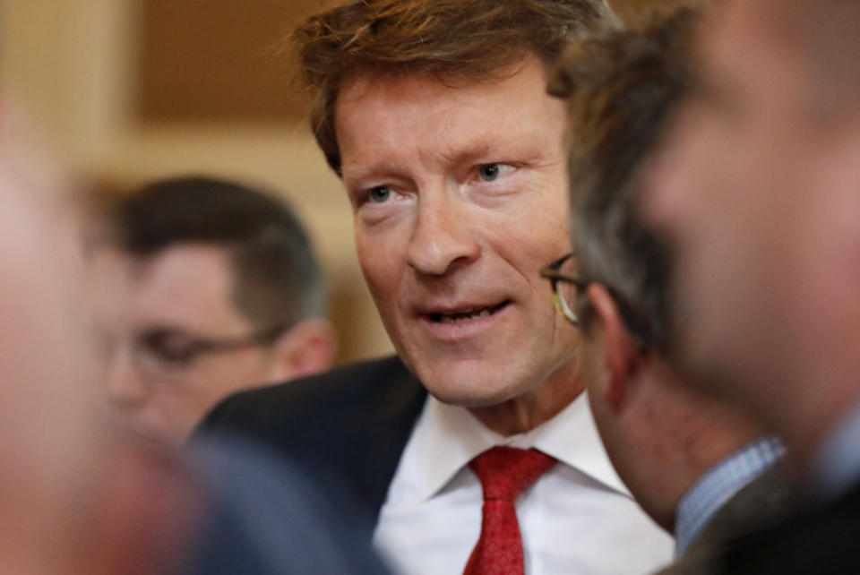 Richard Tice, the Brexit Party's chairman and its candidate in Hartlepool speaks as he campaigns in Hartlepool, England, Monday, Nov. 11, 2019. Tice argues that backing the Conservatives here is "a wasted vote." Hartlepool has elected lawmakers from the left-of-center Labour Party for more than half a century. But in 2016, almost 70% of voters here backed leaving the European Union. (AP Photo/Frank Augstein)