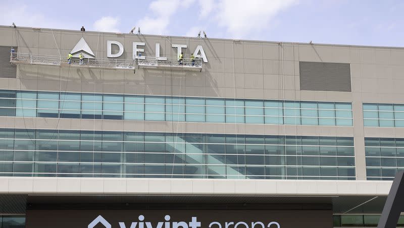 Exterior signage for the Delta Center is installed in Salt Lake City on Thursday, May 25, 2023. The arena was built in 1991 under the name Delta Center. It has been named Vivint Arena since 2015, and will become the Delta Center in July.