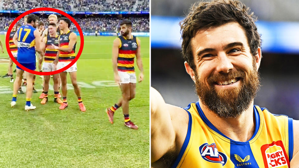 Josh Kennedy, pictured here shaking the hand of every Adelaide player and staff member after the final game of his AFL career.