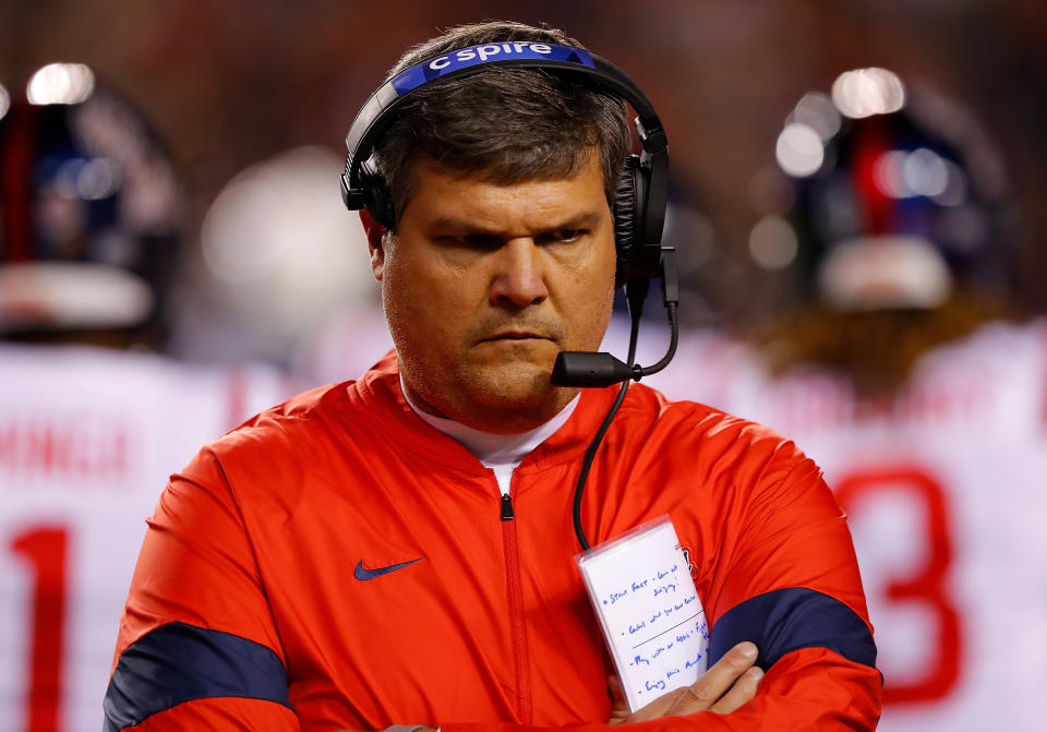 AUBURN, ALABAMA - NOVEMBER 02:  Head coach Matt Luke of the Mississippi Rebels looks on against the Auburn Tigers in the first half at Jordan-Hare Stadium on November 02, 2019 in Auburn, Alabama. (Photo by Kevin C. Cox/Getty Images)