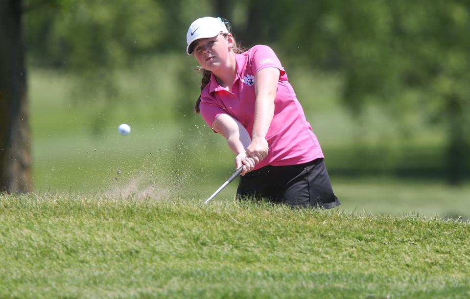 Nevada's Bridget Cahill takes a bunker shot onto the 4th hole during the 3A girls state golf tournament at the Pheasant Ridge Golf Course on Friday, May 26, 2023, in Cedar Falls, Iowa.
