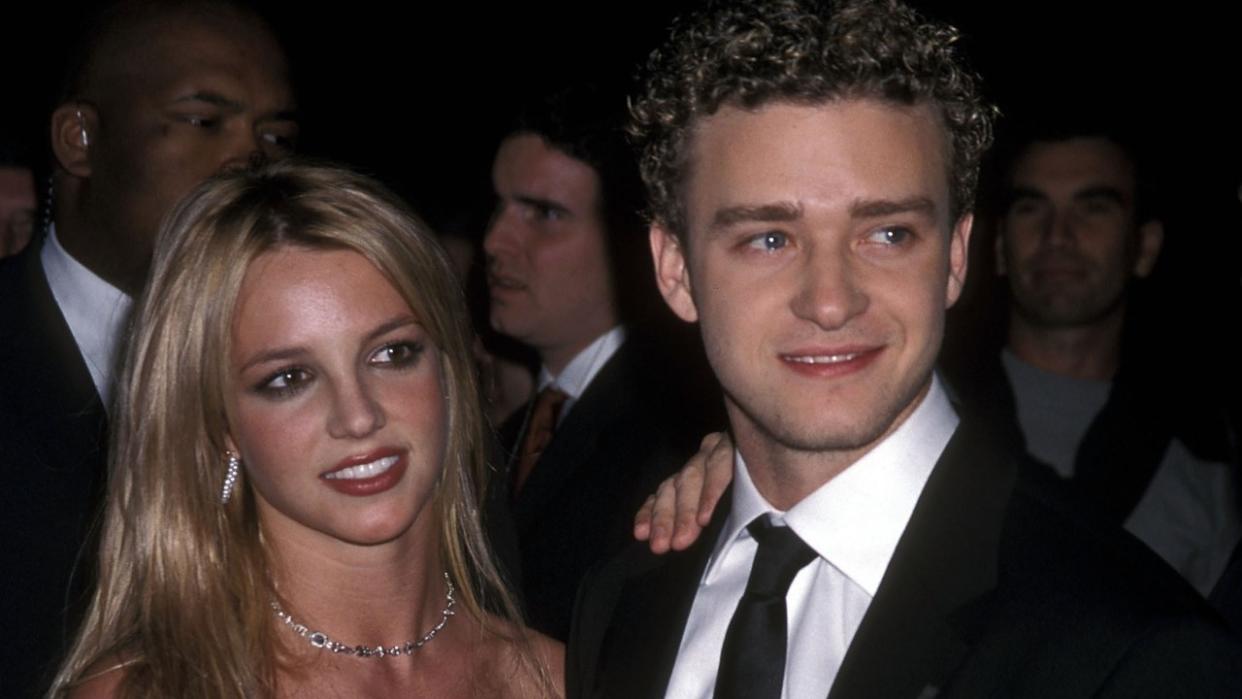  Singer Britney Spears and singer Justin Timberlake of N'Sync attend the 44th Annual Grammy Awards Pre-Party Hosted by Clive Davis on February 26, 2002 at Beverly Hills Hotel in Beverly Hills, California. 