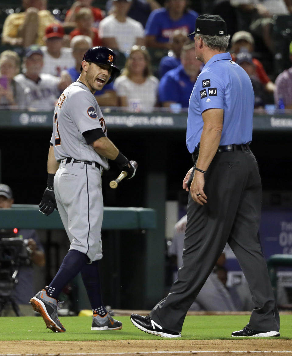 Detroit Tigers' Ian Kinsler argues with Ted Barrett after being ejected. (AP)