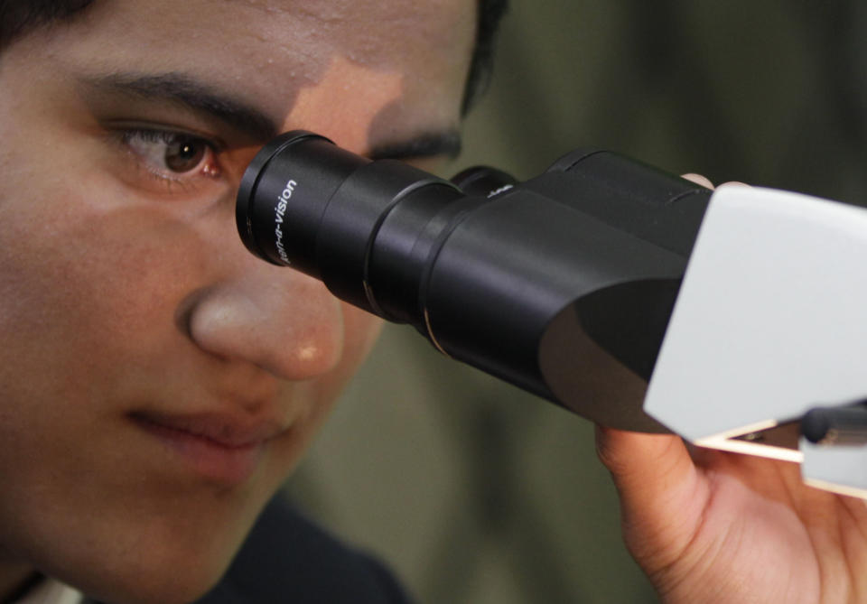 In this photo taken on June 18, 2012, student Carlos looks through a microscope during a science lab class at Benalcazar High School in Quito, Ecuador. Carlos is one of the participants in a new program that aspires to convert this South American nation into a global competitor. In exchange for each state-paid year of school, the professionals guarantee to work at least two years back at home. Ecuador's President Rafael Correa isn't just bent on staunching brain drain, in which top-flight talent flees developing countries for lack of local opportunity. He's determined to reverse it, create a brain gain. (AP Photo/Dolores Ochoa) (AP Photo/Dolores Ochoa)