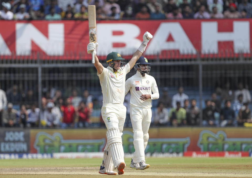 Australia's Marnus Labuschagne celebrate after winning the third cricket test match against Australia in Indore, India, Friday, March 3, 2023. (AP Photo/Surjeet Yadav)