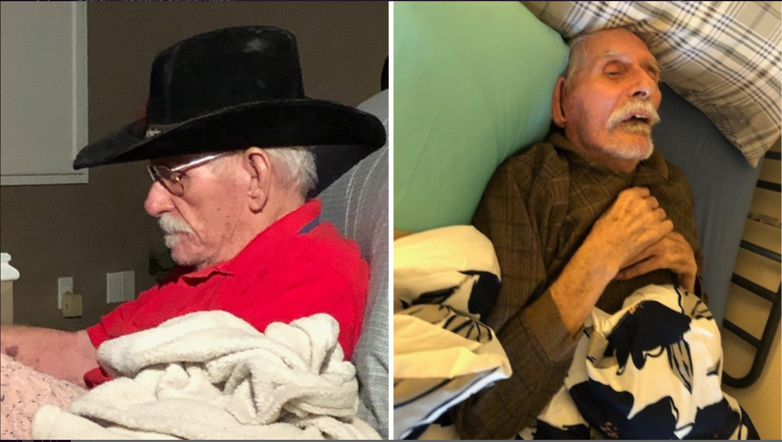 The family of Joe Naegele, seen in 2020 (left) and then days before his 2021 death (right), sued Hillcreek Rehabilitation and Care of Louisville, alleging wrongful death and corporate negligence. Theresa Hutchins