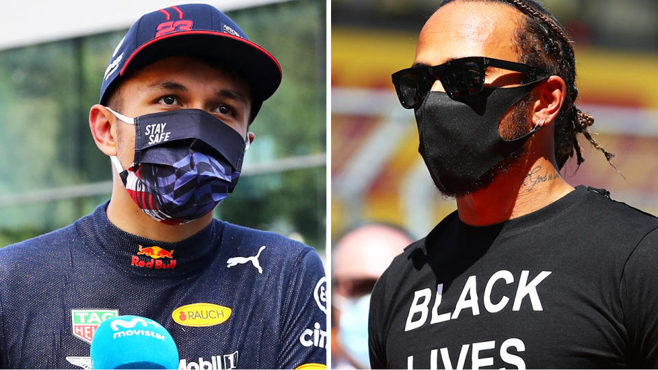 A 50-50 split image shows Alexander Albon on the left and Lewis Hamilton on the right.