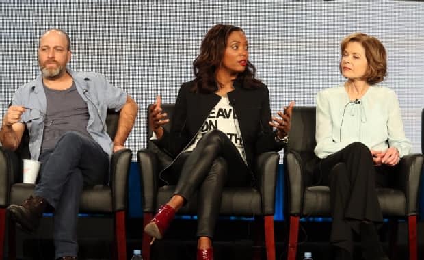 Jessica Walter, right, appears alongside co-stars H. Jon Benjamin and Aisha Tyler during an Archer panel discussion on Jan. 18, 2015. 