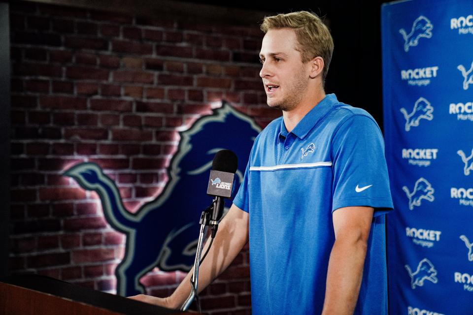 Lions quarterback Jared Goff speaks to the media during the news conference in Allen Park on Friday, March 19, 2021.