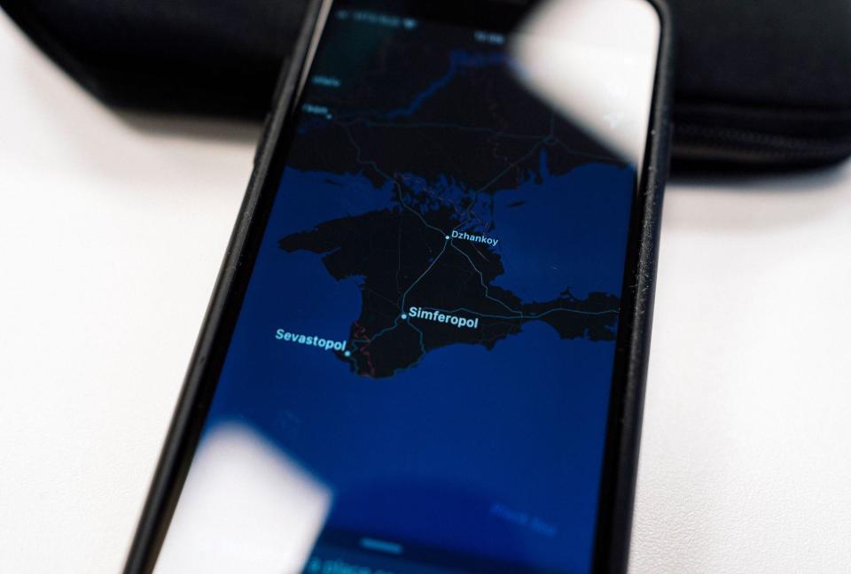 An illustration picture taken on November 28, 2019 in Moscow shows an Apple map with the Crimea peninsula on a smartphone screen: STRINGER/AFP via Getty Images