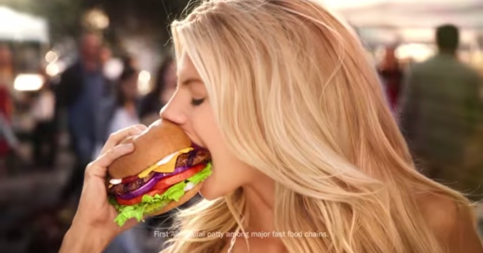 Charlotte McKinney Carls Jr hamburger model eating