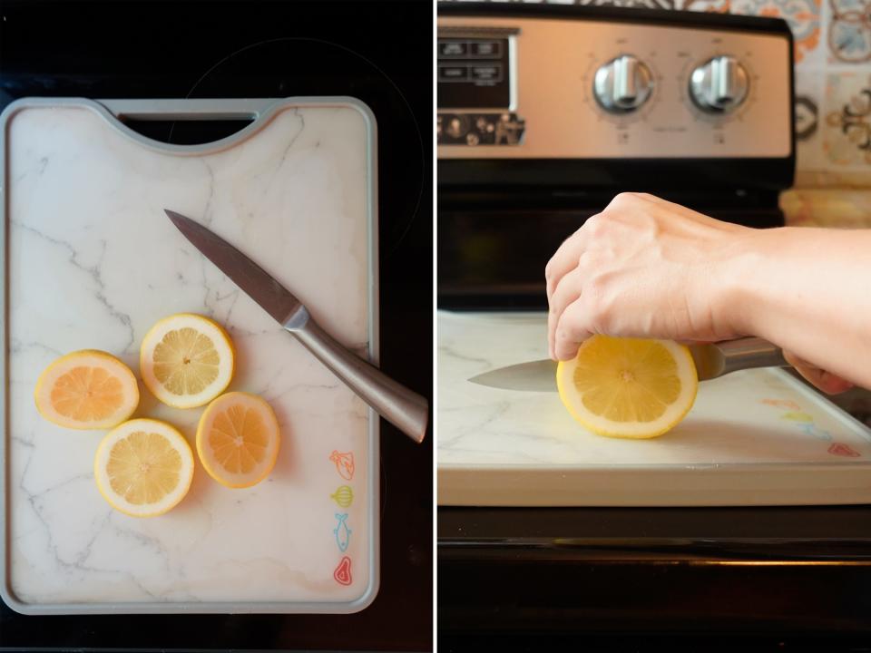 Side by side photos show the author cutting up the lemon