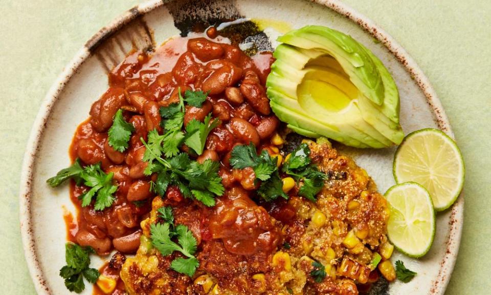 Meera Sodha’s barbecue beans and corn fritters.