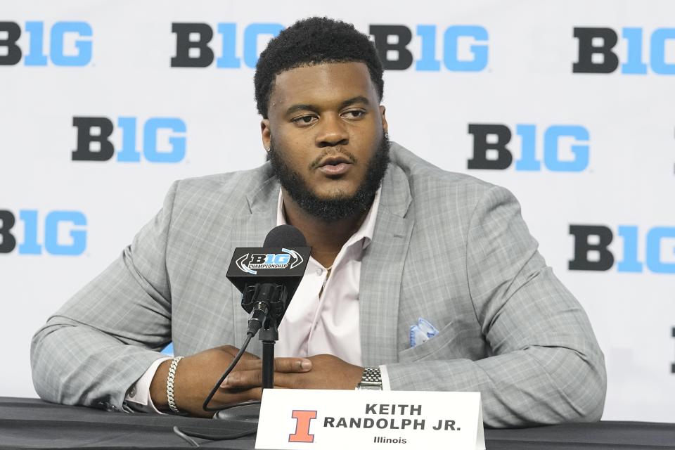 Illinois' Keith Randolph Jr. speaks during an NCAA college football news conference at the Big Ten Conference media days at Lucas Oil Stadium, Wednesday, July 26, 2023, in Indianapolis. (AP Photo/Darron Cummings)