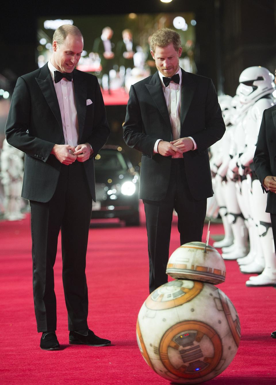 Prince William and Prince Harry are all smiles at the "Star Wars: The Last Jedi" film premiere.