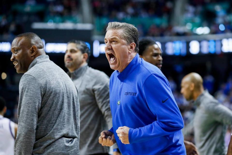 Kentucky Wildcats head coach John Calipari yells at the referees after his players were called for a foul during the NCAA Tournament second round game against the Kansas State Wildcats at the Greensboro Coliseum in Greensboro, Nc., Sunday, March 19, 2023.