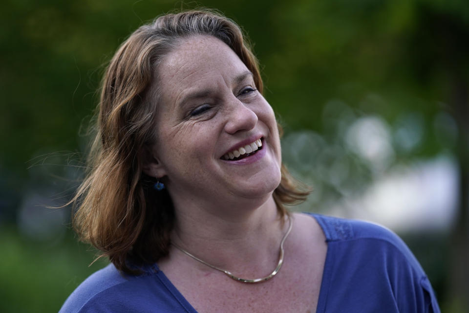 Heather Boyd, Democratic candidate for Pennsylvania House of Representatives, smiles while talking with supporters before voting at her polling place, Christ's Community Church, Tuesday, May 16, 2023, in Drexel Hill, Pa. (AP Photo/Matt Slocum)