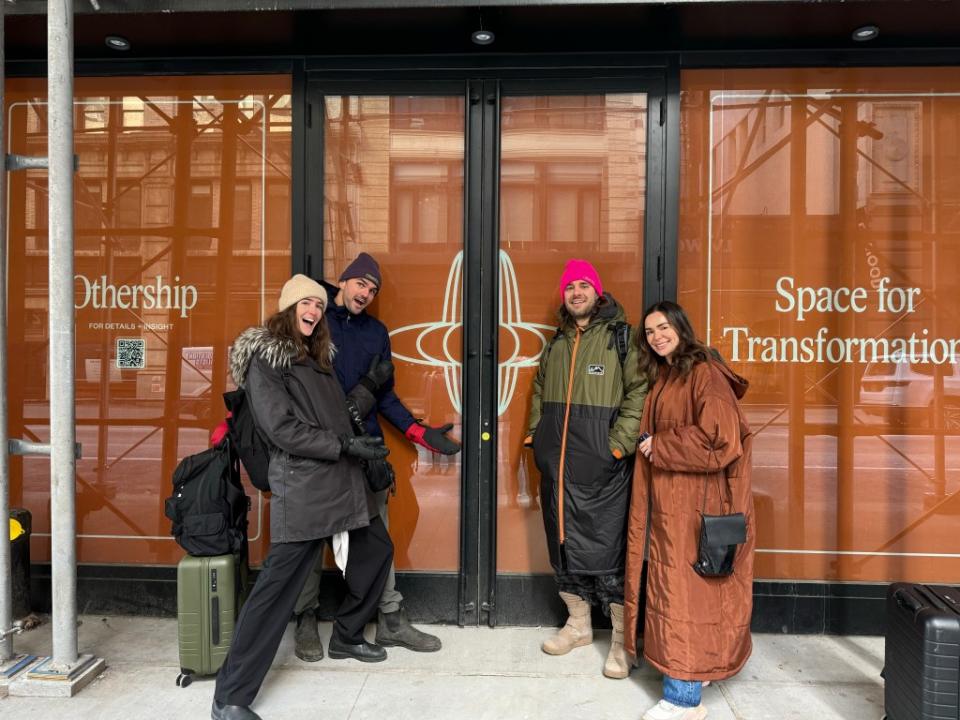 Othership co-founders Amanda Laine, Harrison Taylor, Robbie Bent and Emily Bent stand outside the soon-to-open Flatiron location. (Not pictured is the fifth co-founder, Myles Farmer.) Courtesy Othership