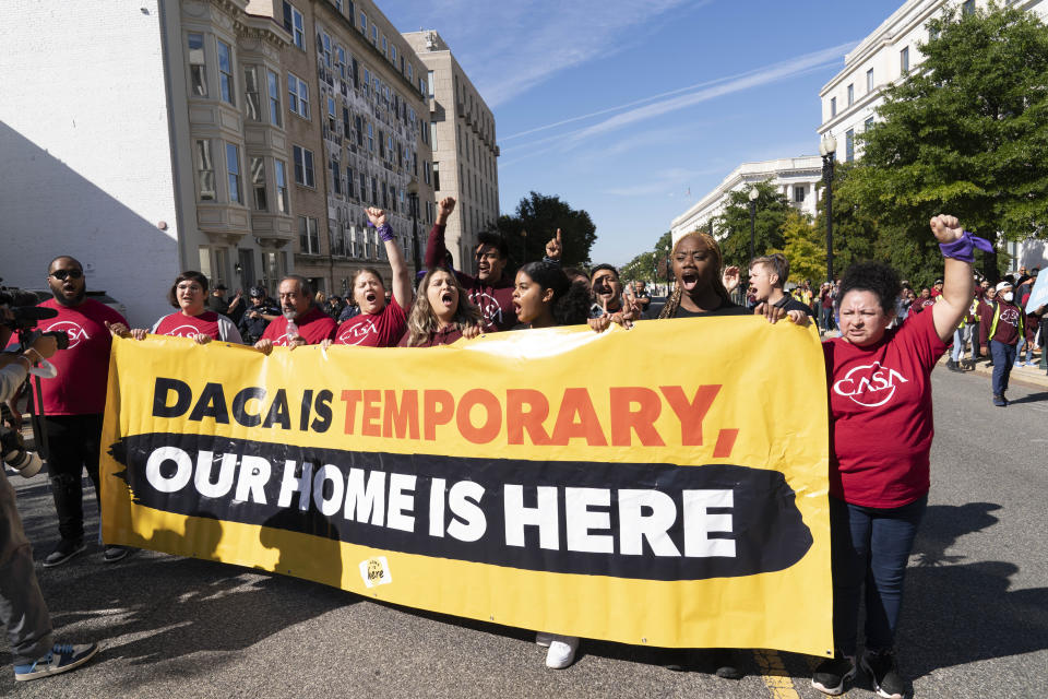 People rally outside the Capitol in support of the Deferred Action for Childhood Arrivals (DACA), during a demonstration on Capitol Hill in Washington, Thursday, Oct. 6, 2022. ( AP Photo/Jose Luis Magana)