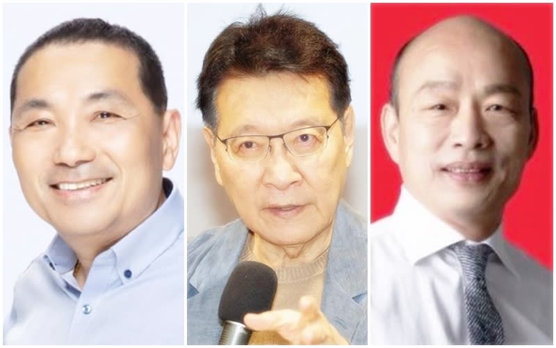 國民黨內人士24日分析，國民黨總統參選人侯友宜（左）透過副總統參選人趙少康（中）、不分區立委參選人韓國瑜（右）投入選戰，有助於鞏固基本盤，吸引深藍、知識藍選票回流，回歸藍綠對決，選戰後期再透過棄保效應，爭取到最多選票。（圖取自Facebook）