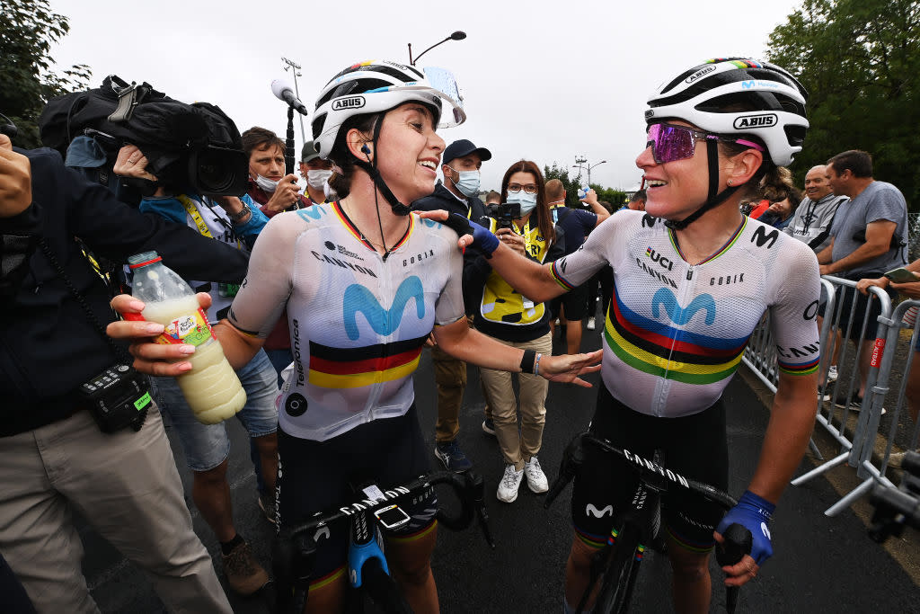  Tour de France Femmes 2023: Liane Lippert is congratulated by teammate Annemiek van Vleuten after winning stage 2 