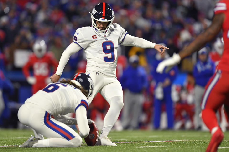 New York Giants kicker Graham Gano (9) kicks a field goal, his third of the game, during the second half of an NFL football game against the Buffalo Bills in Orchard Park, N.Y., Sunday, Oct. 15, 2023. (AP Photo/Adrian Kraus)