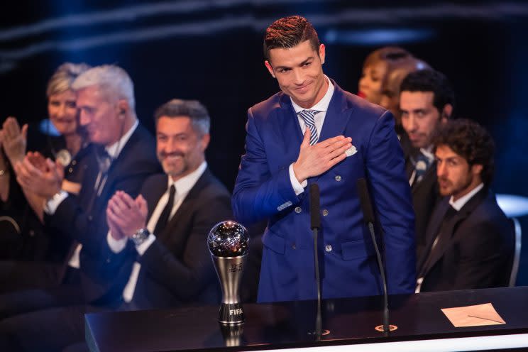 FIFA player of the year Cristiano Ronaldo shows his delight