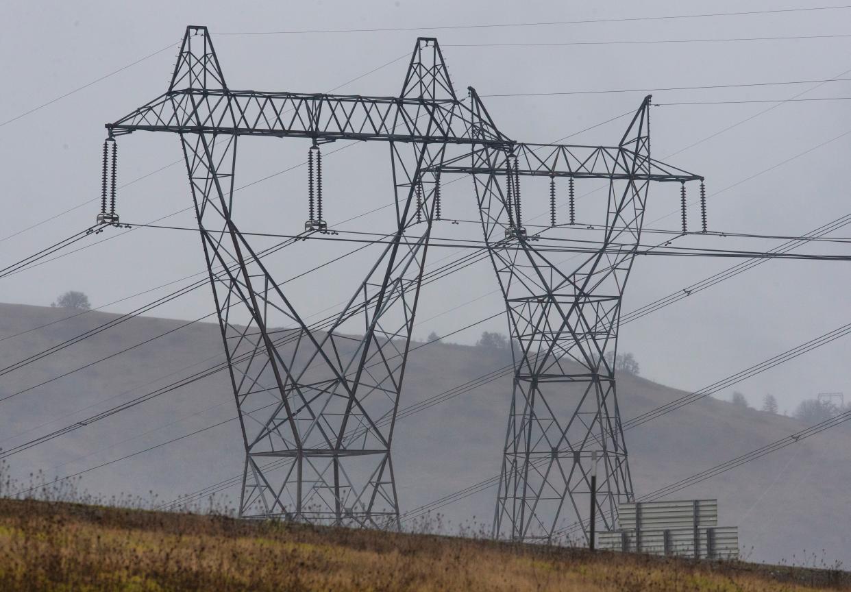 Electrical transmission lines cross at a Bonneville Power Administration facility at Goshen south of Eugene.