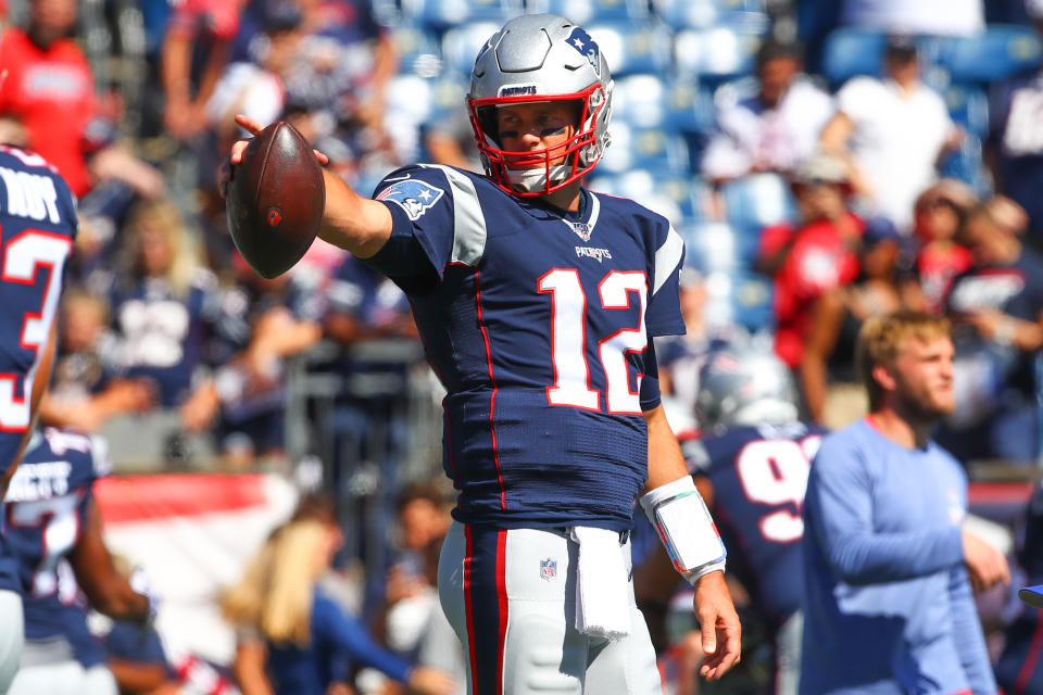 FOXBOROUGH, MA - SEPTEMBER 22:  New England Patriots quarterback Tom Brady (12) warms up prior to the National Football League game between the New England Patriots and the New York Jets on September 22, 2019 at Gilette Stadium in Foxborough, MA.  (Photo by Rich Graessle/Icon Sportswire via Getty Images)