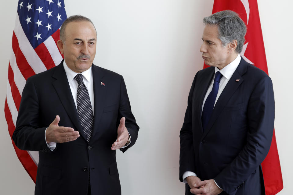 U.S. Secretary of State Antony Blinken meets with Turkish Foreign Minister Mevlut Cavusoglu at the United Nations Wednesday, May 18, 2022. (Eduardo Munoz/Pool via AP)