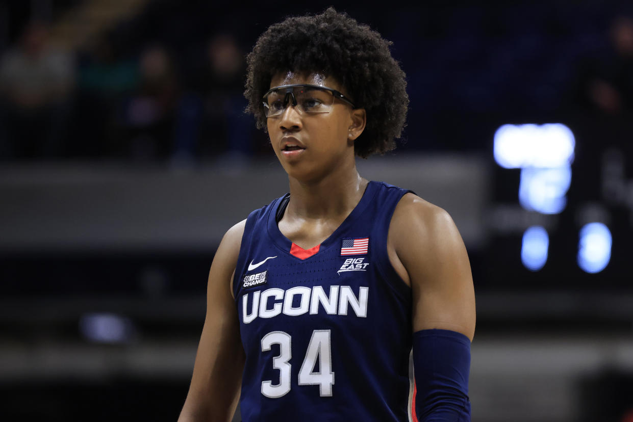 INDIANAPOLIS, INDIANA - JANUARY 03: Ayanna Patterson #34 of the UConn Huskies looks on in the game against the Butler Bulldogs at Hinkle Fieldhouse on January 03, 2023 in Indianapolis, Indiana. (Photo by Justin Casterline/Getty Images)