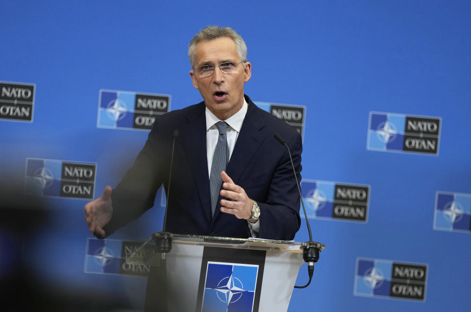 NATO Secretary General Jens Stoltenberg speaks during a media conference at NATO headquarters in Brussels, Tuesday, Feb. 15, 2022. Russia said Tuesday that some units participating in military exercises would begin returning to their bases, adding to glimmers of hope that the Kremlin may not be planning to invade Ukraine imminently, though it gave no details on the pullback. (AP Photo/Virginia Mayo)