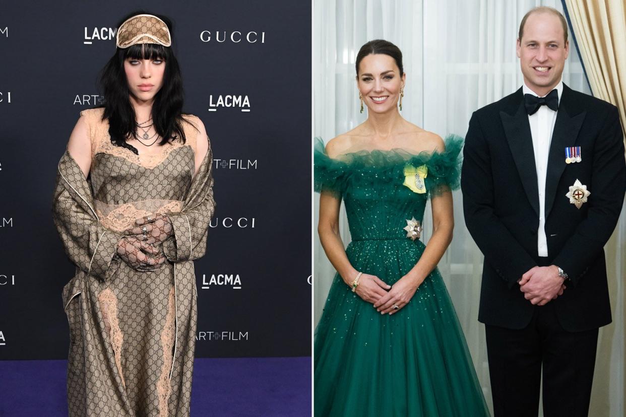 LOS ANGELES, CALIFORNIA - NOVEMBER 05: Billie Eilish arrives at the 11th Annual LACMA Art + Film Gala at Los Angeles County Museum of Art on November 05, 2022 in Los Angeles, California. (Photo by Steve Granitz/FilmMagic); KINGSTON, JAMAICA - MARCH 23: Catherine, Duchess of Cambridge and Prince William, Duke of Cambridge attend a dinner hosted by the Governor General of Jamaica at King's House on March 23, 2022 in Kingston, Jamaica. (Photo by Samir Hussein - Pool/WireImage)