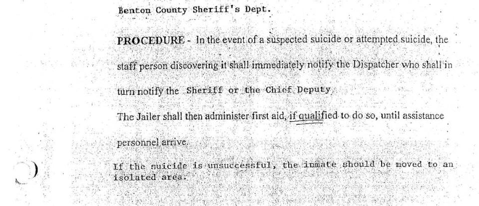 An excerpt of the Benton County Sheriff’s Department’s suicide prevention policy at the time of Sons’ death Obtained by Mississippi Today