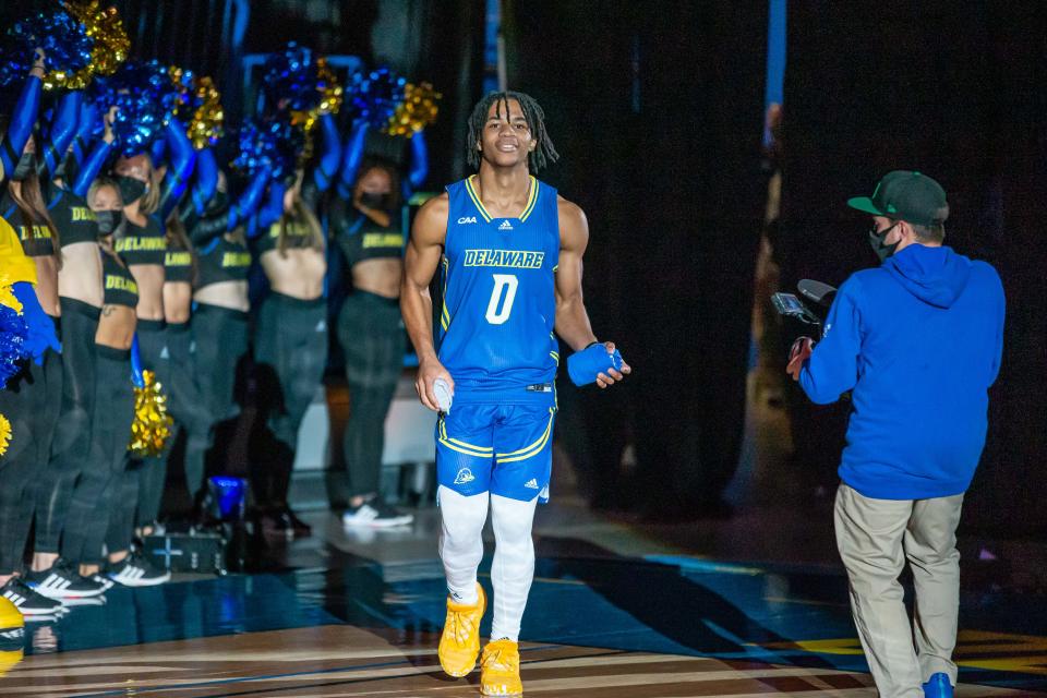 Jameer Nelson Jr. is introduced during Delaware's preseason hoopla event at the Carpenter Center.